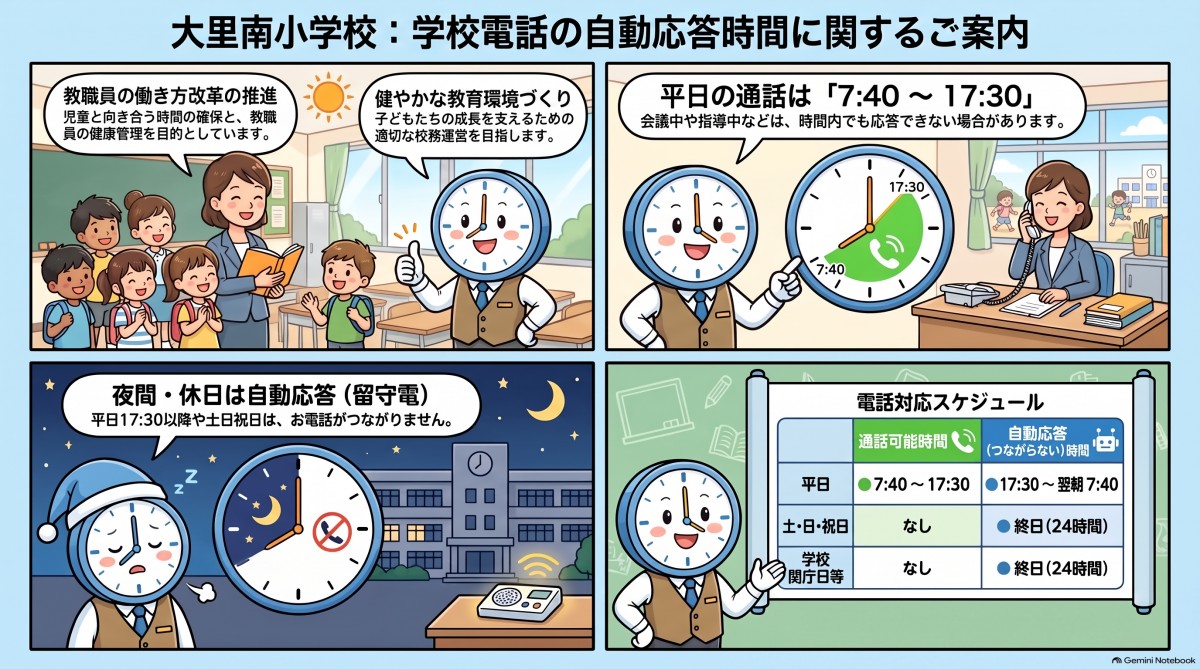 大里南小学校　電話の自動応答時間についての画像