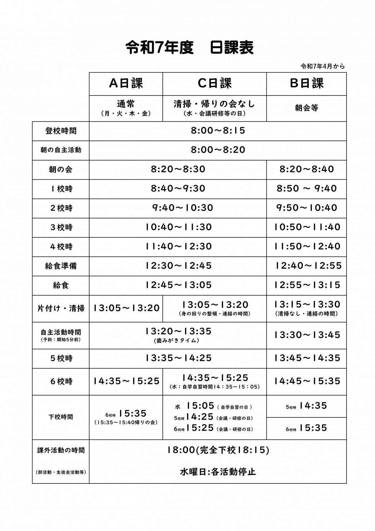令和７年度 日課表の画像